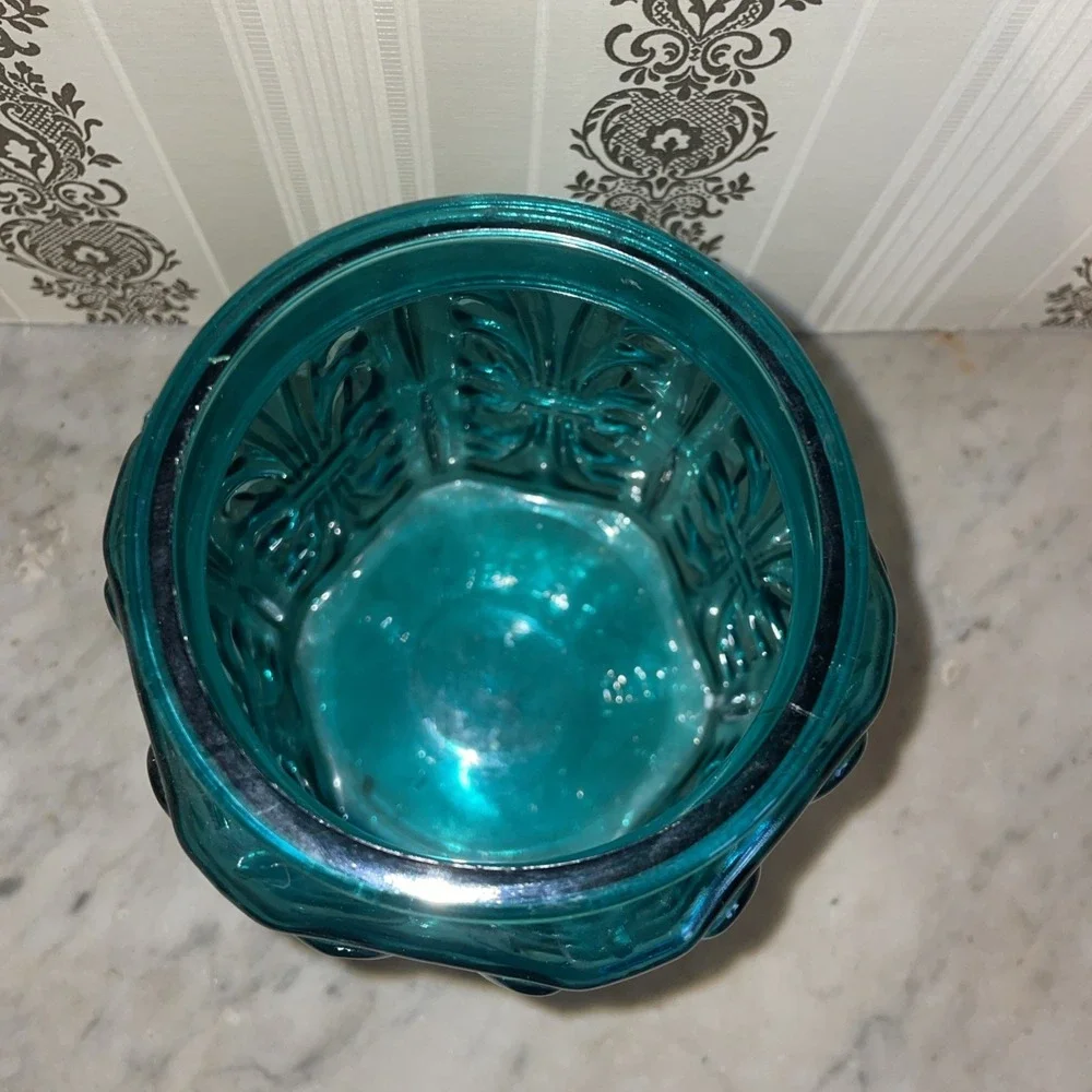 Vintage‎ LE Smith Imperial Atterbury Scroll Canister Jar Teal Glass Apothecary